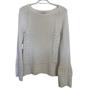 White Cable Knit Wool Camel Blend Sweater Ann Taylor Size XS Bell Sleeve Fairy